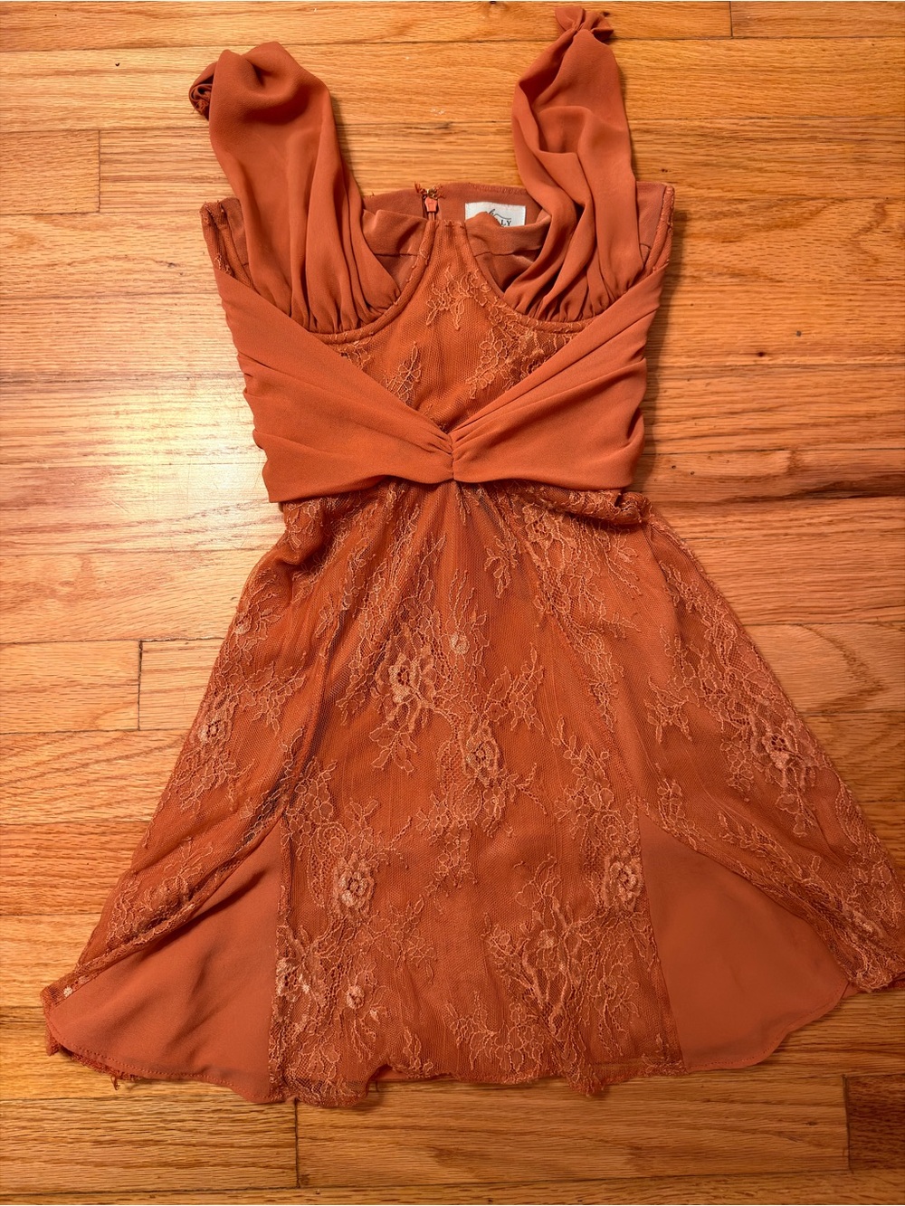 Oh Polly Rust Lace Twist-Front Mini Dress